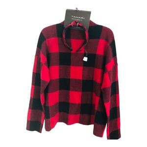 Tahari red & black plaid look mock neck sweater &‎ knotted headband size XL new